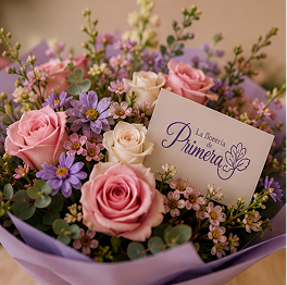 Un primer plano de un ramo con rosas rosadas, flores moradas y una tarjeta de "La florería de Primera"