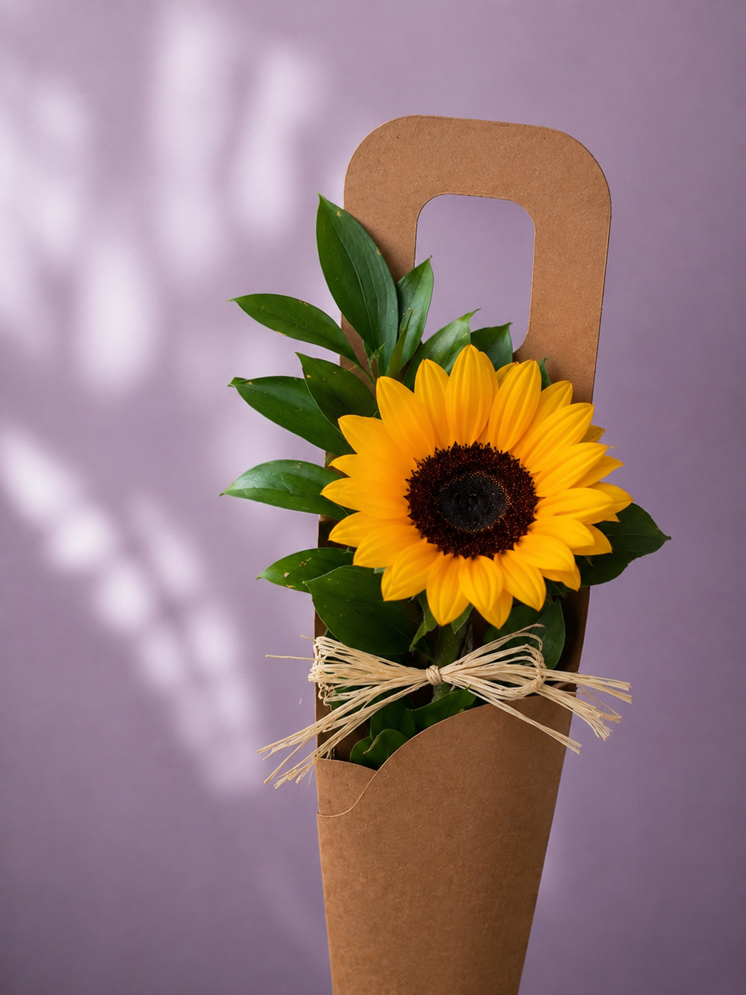 Girasol en formato transportable con follaje verde y envoltorio kraft.