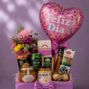 Box Deluxe con globo "Feliz Día", flores frescas, chocolates y productos gourmet.