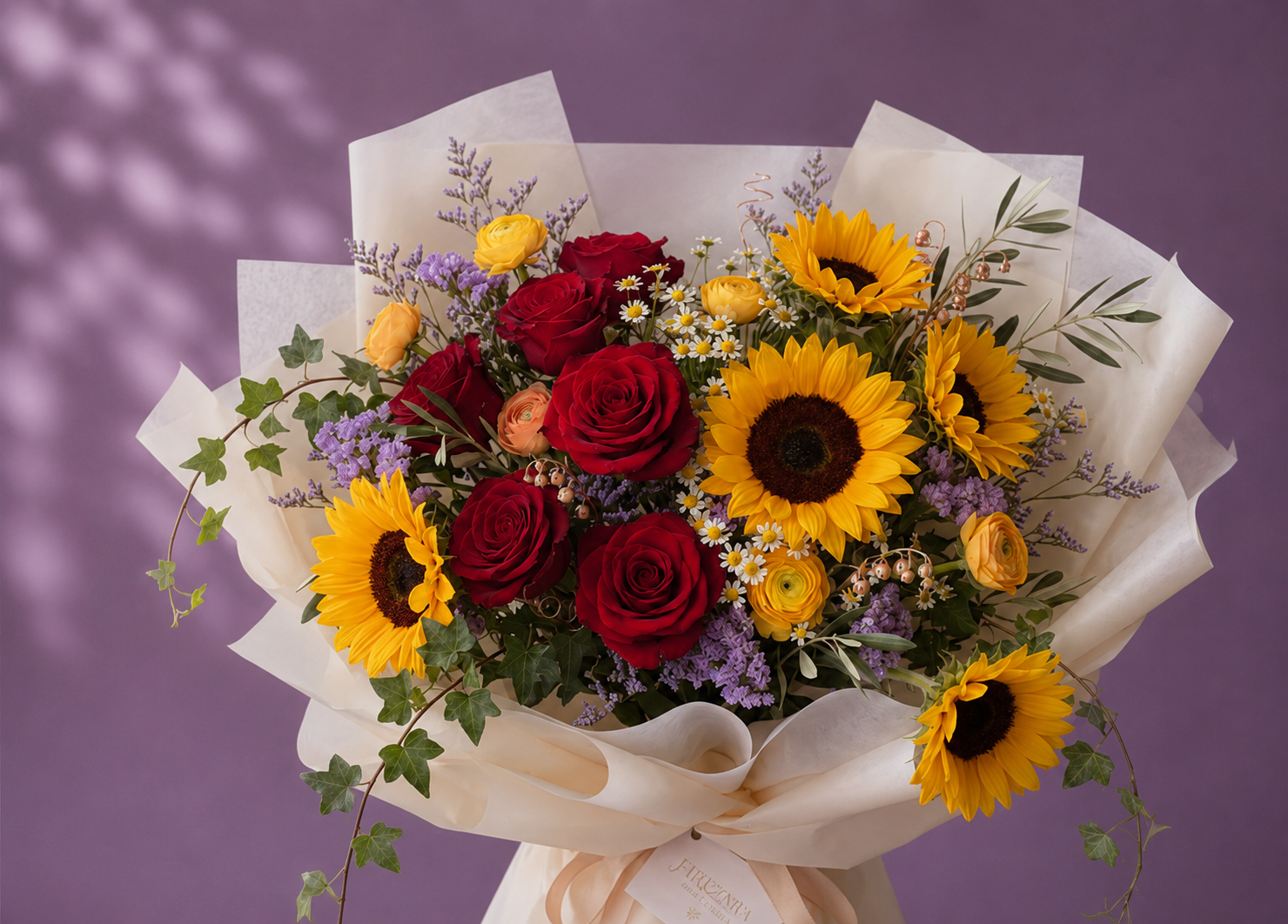 Ramo floral con girasoles, rosas rojas, flores amarillas y follaje verde en envoltorio decorativo.