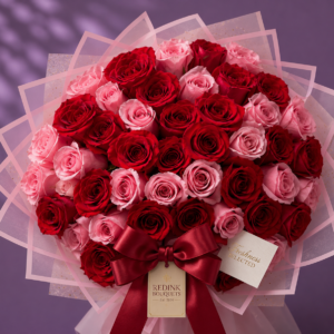 Ramo de rosas rojas y rosadas con envoltorio decorativo y lazo satinado.