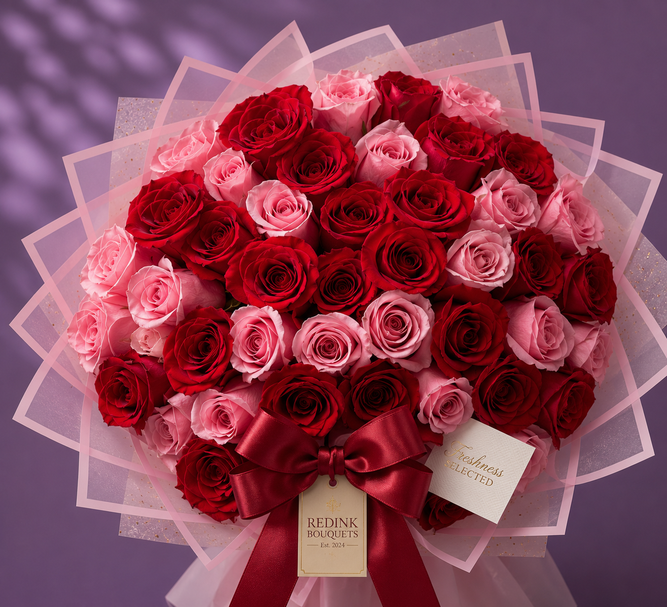Ramo de rosas rojas y rosadas con envoltorio decorativo y lazo satinado.