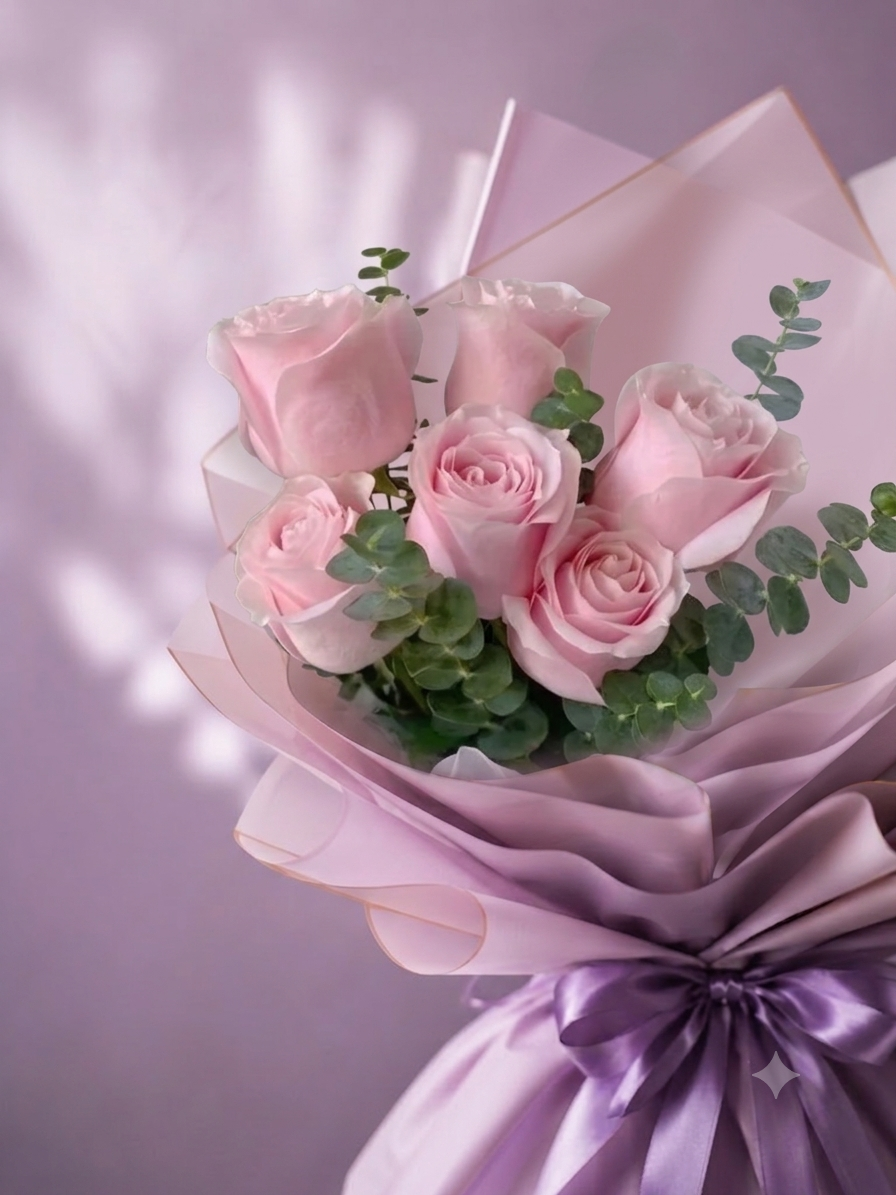 Ramo Dalila con rosas rosadas y flores de temporada.