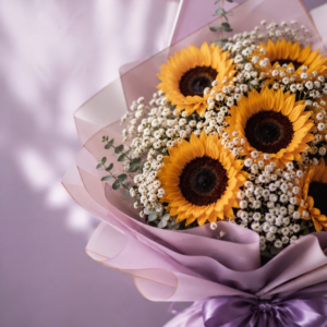 Ramo Ilumina Espiral con girasoles, flores de relleno blancas (gipsofila) y envoltorio decorativo.