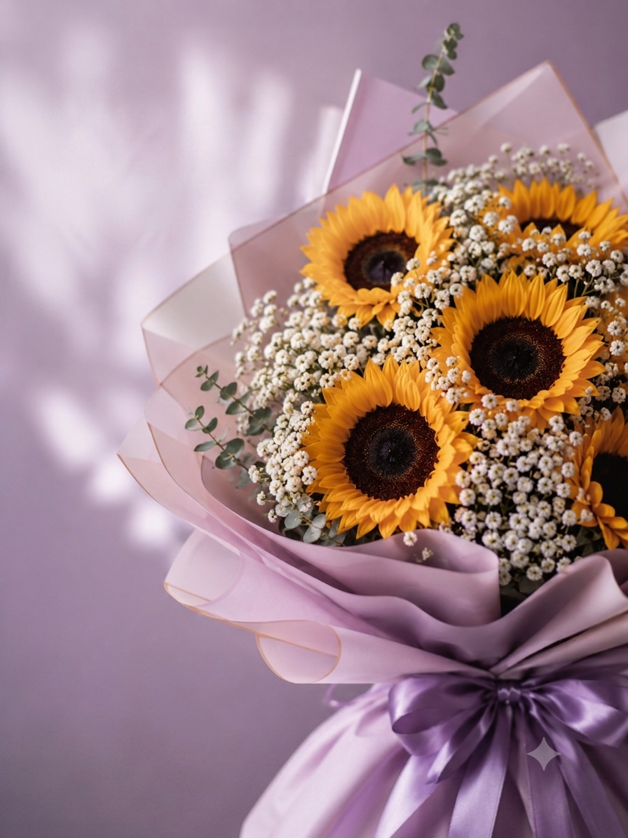 Ramo Ilumina Espiral con girasoles, flores de relleno blancas (gipsofila) y envoltorio decorativo.