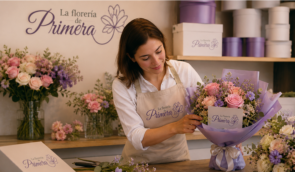 Mujer preparando un arreglo floral.