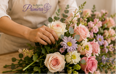 Manos de una florista arreglando un sofisticado ramo de flores con rosas de color rosa pálido y blanco, margaritas moradas y follaje verde sobre una mesa de madera. En la esquina superior izquierda se aprecia el logotipo de "La florería de Primera".