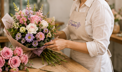 Florista con delantal beige sosteniendo y envolviendo un gran ramo de flores con rosas rosadas, blancas y detalles morados sobre un mesón de madera. En su delantal se aprecia el logotipo bordado de "La florería de Primera".