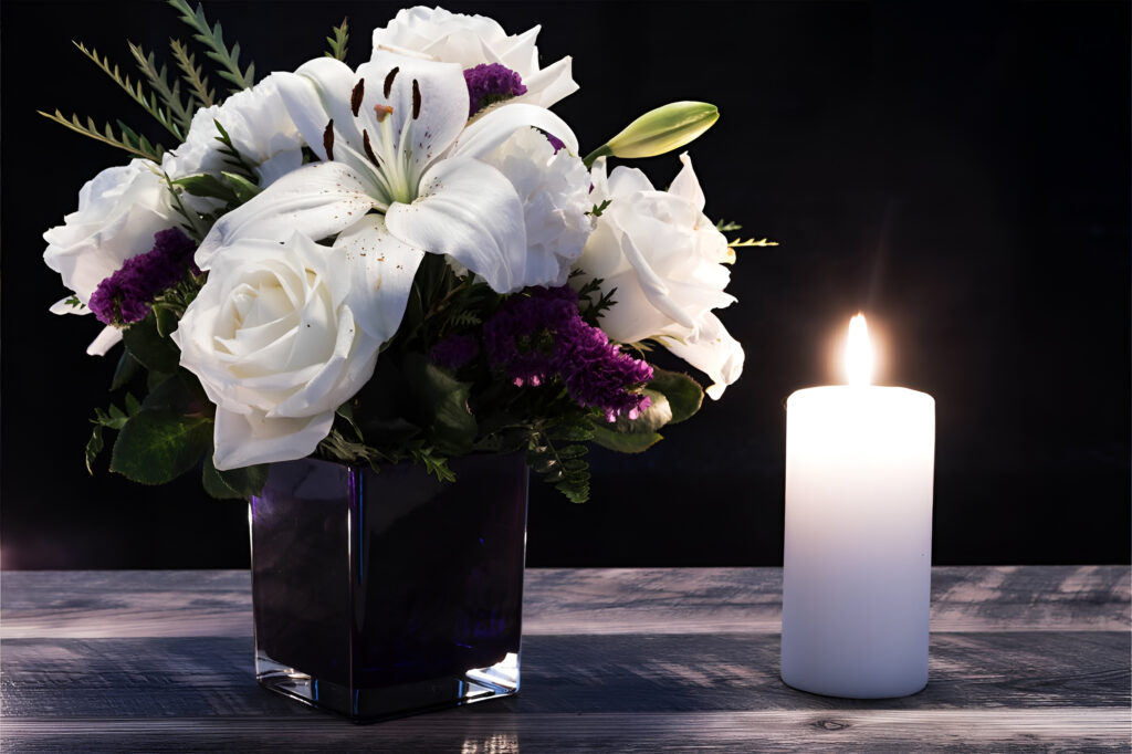 Arreglo floral con lirios blancos, rosas blancas y flores moradas junto a una vela encendida.